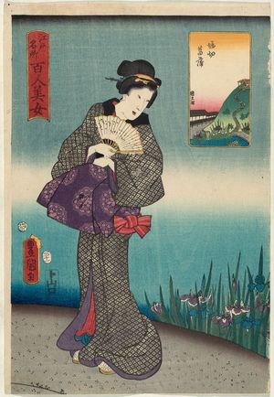 歌川国貞: Iris at Horikiri (Horikiri shôbu), from the series One Hundred Beautiful Women at Famous Places in Edo (Edo meisho hyakunin bijo) - ボストン美術館