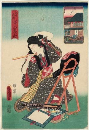 歌川国貞: Hanakawado, from the series One Hundred Beautiful Women at Famous Places in Edo (Edo meisho hyakunin bijo) - ボストン美術館