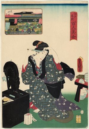 Utagawa Kunisada: In Front of Shiba Shinmei Shrine (Shiba Shinmei mae), from the series One Hundred Beautiful Women at Famous Places in Edo (Edo meisho hyakunin bijo) - Museum of Fine Arts