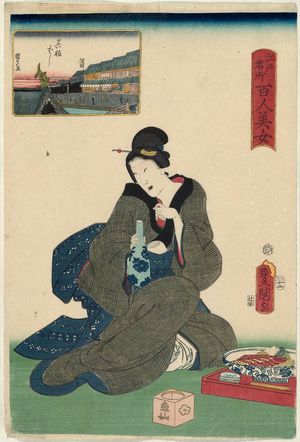 Utagawa Kunisada: Gofuku-bashi, from the series One Hundred Beautiful Women at Famous Places in Edo (Edo meisho hyakunin bijo) - Museum of Fine Arts