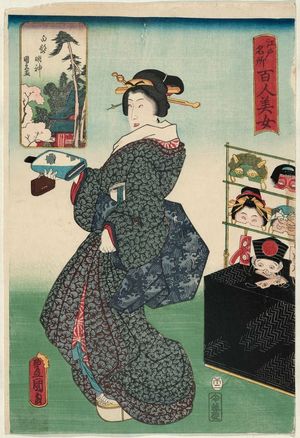 Utagawa Kunisada: Shirahige Myôjin Shrine, from the series One Hundred Beautiful Women at Famous Places in Edo (Edo meisho hyakunin bijo) - Museum of Fine Arts