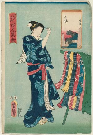 Utagawa Kunisada: Kiba, from the series One Hundred Beautiful Women at Famous Places in Edo (Edo meisho hyakunin bijo) - Museum of Fine Arts