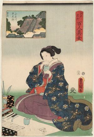 Utagawa Kunisada: Ushi Tenjin Shrine at Koishikawa (Koishikawa Ushi Tenjin), from the series One Hundred Beautiful Women at Famous Places in Edo (Edo meisho hyakunin bijo) - Museum of Fine Arts