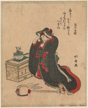 Yanagawa Shigenobu: Woman kneeling and adjusting her hair - Museum of Fine Arts