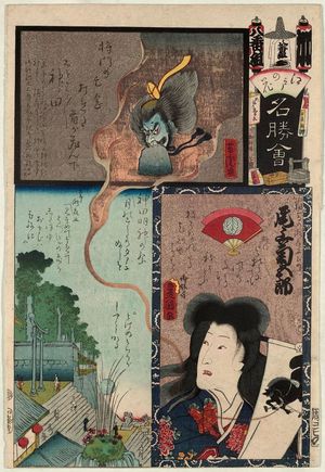 Utagawa Kunisada: Kanda: Actor Onoe Kikugorô as Sôma no Takiyasha-hime, from the series Flowers of Edo and Views of Famous Places (Edo no hana meishô-e) - Museum of Fine Arts