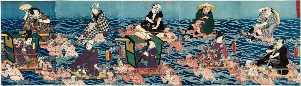 歌川国貞: Imaginary Scene of the Crossing of the Ôi River (Ôikawa mitate kawagoshi) - ボストン美術館