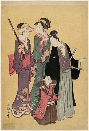 Rekisentei Eiri: Young Man, Small Boy, and Two Women Visiting a Shrine - ボストン美術館