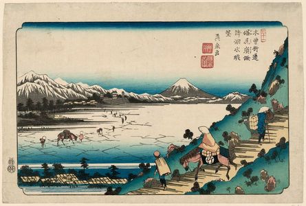 Keisai Eisen: No. 31, Shiojiri Pass: View of Lake Suwa (Shiojiri tôge, Suwa no kosui chôbô), from the series The [Sixty-nine Stations of the] Kisokaidô Road (Kisokaidô) - Museum of Fine Arts