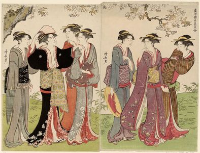 鳥居清長: Women under Cherry Blossoms, from the series Contest of Contemporary Beauties of the Pleasure Quarters (Tôsei yûri bijin awase) - ボストン美術館