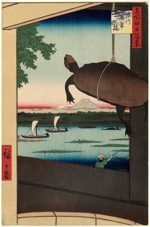 歌川広重: Mannen Bridge, Fukagawa (Fukagawa Mannenbashi), from the series One Hundred Famous Views of Edo (Meisho Edo hyakkei) - ボストン美術館