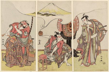 勝川春章: Actors Ichimura Uzaemon IX as Kudô Suketsune (R), Ichikawa Yaozô II as Soga no Gorô (C), and Sakata Hangorô III as Kobayashi Asahina (L) - ボストン美術館