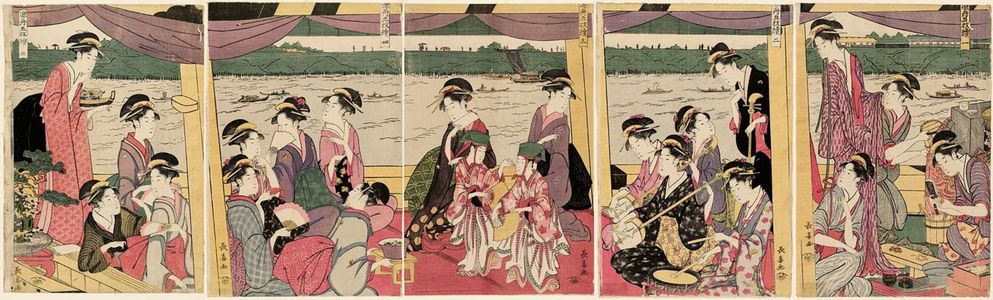 Eishosai Choki: Enjoying Cool Air on a Pleasure Boat, a Pentaptych (Suzumibune gomai tsuzuki) - Museum of Fine Arts