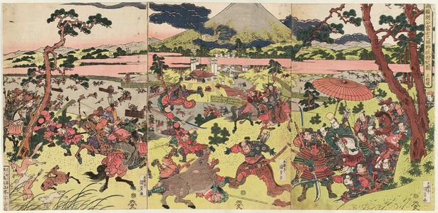 歌川国貞: Lord Minamoto Yoritomo's Hunt at the Foot of Mount Fuji, a Triptych (Minamoto Yoritomo kô Fuji no susono makigari no zu, sanmai tsuzuki) - ボストン美術館