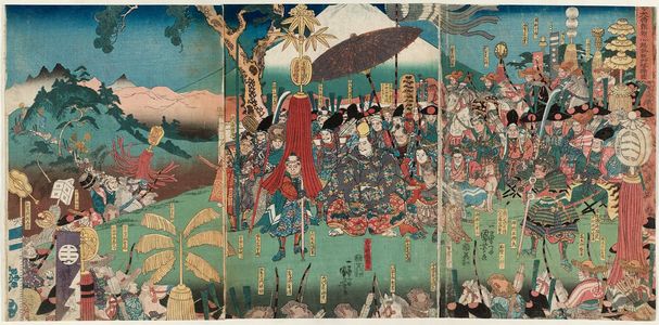 Utagawa Kuniyoshi: Lord Yoritomo's Hunting Party Assembles in the Foothills of Mount Fuji (Udaishô Yoritomo kô susono makigari seizoroi zu) - Museum of Fine Arts