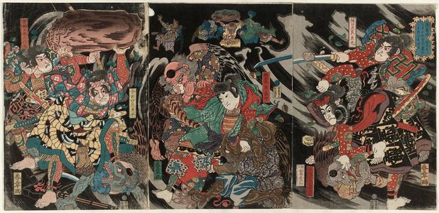 Katsukawa Shunsho: Minamoto Yoshinaka and His Four Retainers Defeat the Tengu in the Deep Mountains of Kiso (Minamoto Yoshinaka Shitennô to tomo ni Kiso no okuyama ni tengu o taiji su) - Museum of Fine Arts