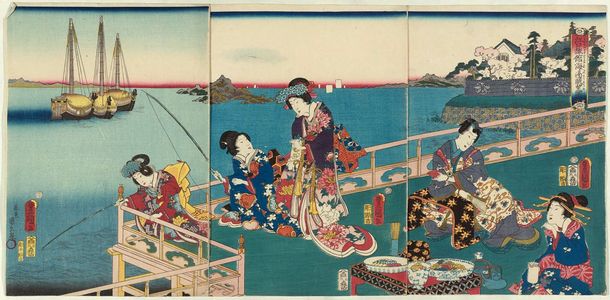 Utagawa Kunisada: Panoramic View of the Seaside from the Inn at Eguchi (Eguchi ryokan umibe chôbô zu) - Museum of Fine Arts