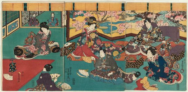 日本版画 "The Fan-tossing Game" 由 Utagawa Kunisada, 歌川国貞 (Utagawa Kunisada I (Toyokuni III)) 创作