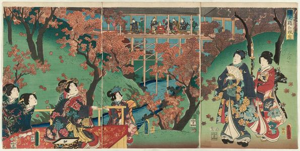 Utagawa Kunisada: Red Maple Leaves at the Tsûten Bridge (Tsûtenkyô kôyô no zu) - Museum of Fine Arts