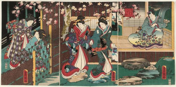 Utagawa Kunisada, 歌川国貞 (Utagawa Kunisada I (Toyokuni III))による浮世絵「Spring Night Scene from Inaka Genji, from the series Eastern Magic Lantern Slides of a Charming Figure (Yasasugata Azuma no utsushi-e)」