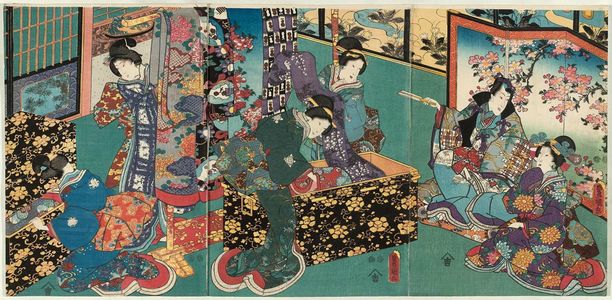 日本版画 "Mitsuuji and Ladies Looking at Kimono" 由 Utagawa Kunisada, 歌川国貞 (Utagawa Kunisada I (Toyokuni III)) 创作