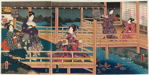 Utagawa Kunisada, 歌川国貞 (Utagawa Kunisada I (Toyokuni III))による浮世絵「Night Scene on a Balcony Overlooking a Pond with Carp」