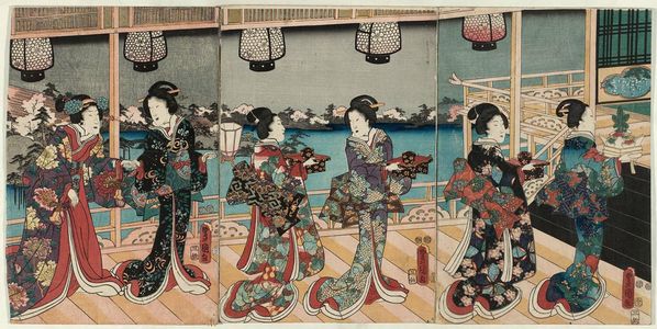 Estampe japonaise "Procession of Ladies with Trays" par Utagawa Kunisada, 歌川国貞 (Utagawa Kunisada I (Toyokuni III))