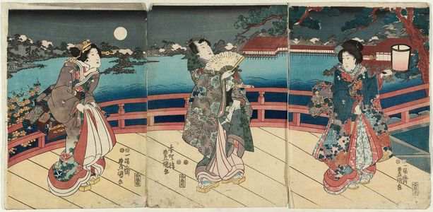 Utagawa Kunisada: Crossing a Bridge in a Moonlit Garden - Museum of Fine Arts