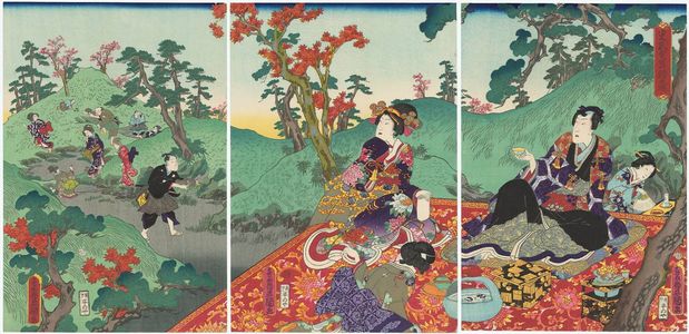 Utagawa Kunisada: Mitsuuji Enjoys a Mushroom Hunt (Mitsuuji matsutake-gari no asobi) - Museum of Fine Arts