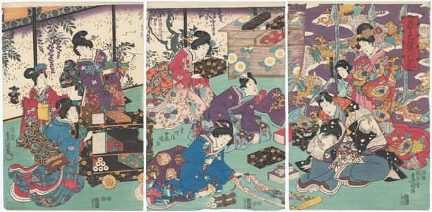 Utagawa Kunisada: Colors of Spring: Flowers at the Foot of the Mountain (Shunshoku fumoto no hana) - Museum of Fine Arts