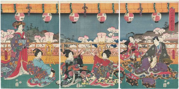 Utagawa Kunisada: Evening Banquet for Cherry-blossom Viewing at the Rokujô Palace (Rokujô gosho hanami no yûen) - Museum of Fine Arts