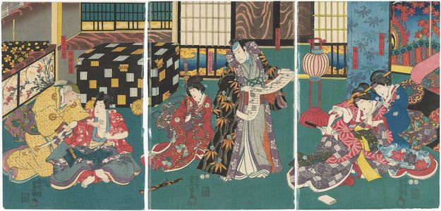 歌川国貞: Actors Azuma Ichinojô I as Sugibae, Onoe Kikujirô II as Fuji no Kata (R); Bandô Hikosaburô IV as Higashiyama Yoshimasa kô, Bandô Tamasaburô II(?) as Koshimoto Tamanae (C); Iwai Kumesaburô III as Jirô Kanja, Morita Kanya XI as Saga no Kôshitsu (L) - ボストン美術館
