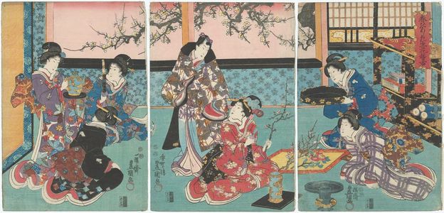 Utagawa Kunisada: Practicing Flower Arrangement on New Year's Morning (Haru no ashita ikebana keiko) - Museum of Fine Arts