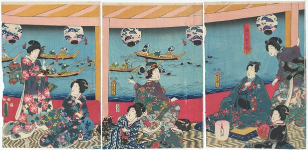 歌川国貞: Watching Cormorant Fishing from a Pleasure Boat (Ukaibune no asobi) - ボストン美術館