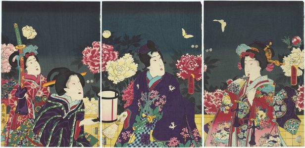 Utagawa Kunisada, 歌川国貞 (Utagawa Kunisada I (Toyokuni III))による浮世絵「Viewing Peonies at Night」