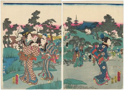 日本版画 "Women in Garden (at Asakusa?)" 由 Utagawa Kunisada, 歌川国貞 (Utagawa Kunisada I (Toyokuni III)) 创作