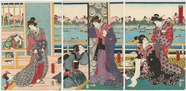 Utagawa Kunisada: Cherry Blossoms in Full Bloom in the Banks of the Sumida River (Sumida zutsumi hanazakari no kôkei) - Museum of Fine Arts