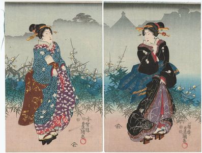 Utagawa Kunisada: Women Admiring Plum Blossoms in Mist - Museum of Fine Arts