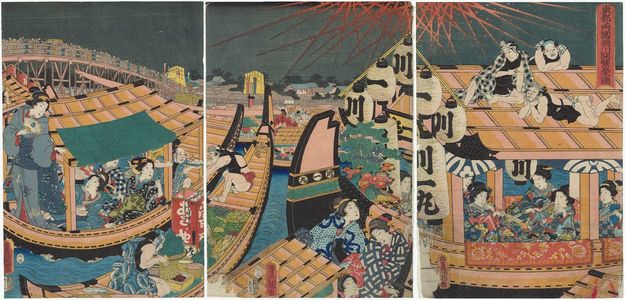 歌川国貞: Ryôgoku Bridge in the Eastern Capital: Illustration of the Prosperity of the River Opening (Tôto Ryôgoku-bashi kawabiraki han'ei zu) - ボストン美術館