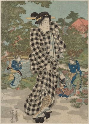 歌川国芳: Woman in Checked Robe Returning from the Bath - ボストン美術館