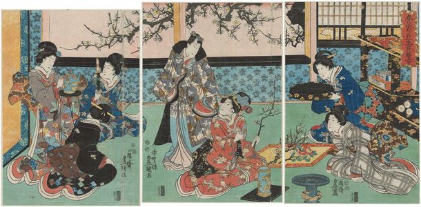 Utagawa Kunisada: Practicing Flower Arrangement on New Year's Morning (Haru no ashita ikebana keiko) - Museum of Fine Arts