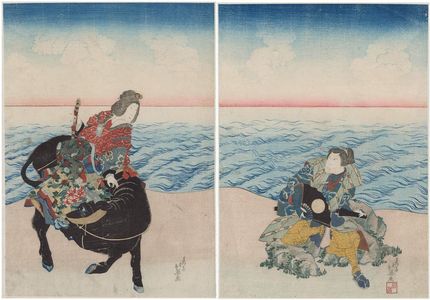 Shunbaisai Hokuei: Actors Arashi Rikan as Chinzai Hachirô Tametomo (R) and Iwai Shijaku as Neiwannyo of the Ryûkyû Kingdom (Ryûkyûkoku no Neiwannyo) - Museum of Fine Arts