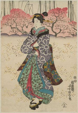 歌川芳虎: Woman Walking past Cherry Blossoms and Ship Masts - ボストン美術館