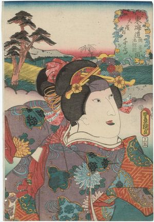 Utagawa Kunisada: Ôhamamura, between Okazaki and Chiryû: (Actor Sawamura Tanosuke II as) Chidori, from the series Fifty-three Stations of the Tôkaidô Road (Tôkaidô gojûsan tsugi no uchi), here called Tôkaidô - Museum of Fine Arts