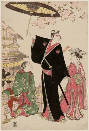 鳥居清長: Actors Nakamura Hikotarô as a kamuro, Ichikawa Yaozô III as Sukeroku, and Ichikawa Monnosuke II as a vendor of white sake - ボストン美術館