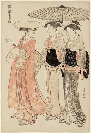 鳥居清長: Lady with Two Female Attendants, from the series Current Manners in Eastern Brocade (Fûzoku Azuma no nishiki) - ボストン美術館