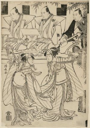 Torii Kiyonaga: Actors Segawa Kikunojô III as Yasukata and Iwai Hanshiro IV as Utô, with chanters Tomimoto Buzendayû and Tomimoto Itsukidayû, and accompanist Namizaki Tokuji - Museum of Fine Arts