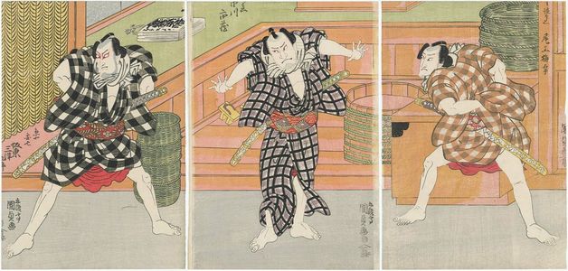 Utagawa Kunisada: Actors Onoe Kikugirô III as Issun Tokubei (R), ? (C), and ? (L) - Museum of Fine Arts