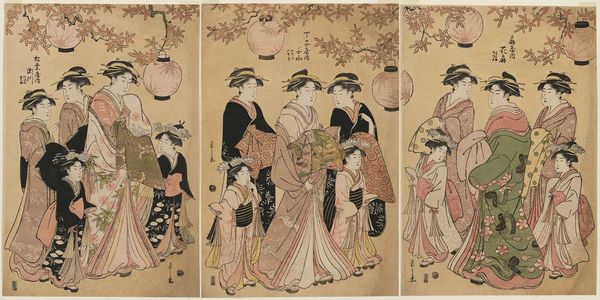 Hosoda Eishi: Courtesans Parading under Maple Leaves: Hanaôgi of the Ôgiya, kamuro Yoshino and Tatsuta (R); Chôzan of the Chôjiya, kamuro Yasoji and Isoji (C); Segawa of the Matsubaya, kamuro Takeno and Sasano (L) - Museum of Fine Arts