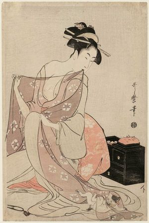 Kitagawa Utamaro: Woman Sewing and Playful Kitten - Museum of Fine Arts
