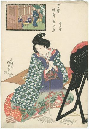 歌川国貞: The Hour of the Horse, Ninth Hour of Day (Uma no koku, Hiru kokonotsu), from the series A Yoshiwara Clock (Yoshiwara tokei) - ボストン美術館